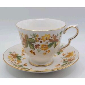 Autumn Fall Leaves Teacup Queen Anne Bone Saucer England Floral Gold Vintage